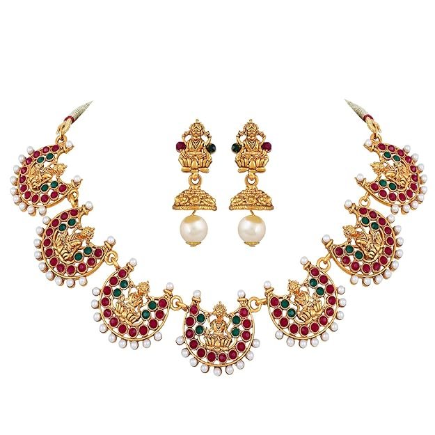 1 18k Gold Plated Traditional Temple Choker Necklace Wedding Party Stylish Jewellery Set - Image 1