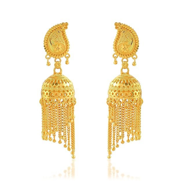 1 24Kt Micron 1 Gram Gold Traditional Jhalar Jhumka Earrings - Image 1
