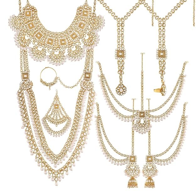 1 18K Gold Plated Traditional Handcrafted Faux Kundan & Stone Studded Bridal Jewellery Set - Image 1