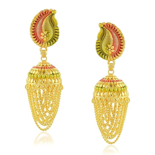 1 1 Gram Gold Traditional Meenakari Jhumki Earrings with loupe Chain Tassels bridal handmade Earrings - Image 1
