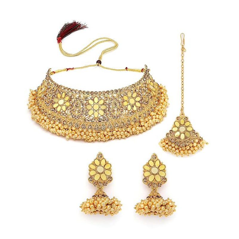 1 Gold Plated Gold Kundan & Beads Floral Choker Necklace Set With Earring And Maangtika - Image 1