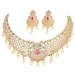 Gold Plated White & Red American Diamond Studded With Drop Pearl Beaded Jewellery Set