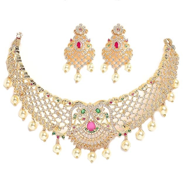 1 Gold Plated White & Red American Diamond Studded With Drop Pearl Beaded Jewellery Set - Image 1