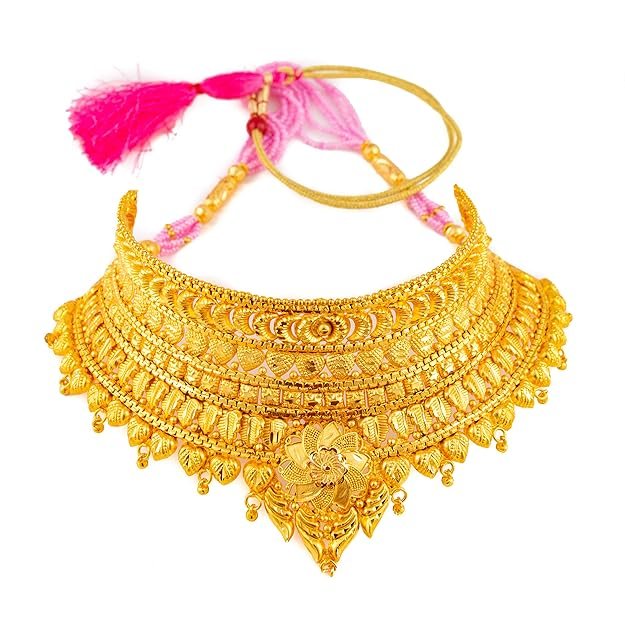 1 24ct Gold Plated Brass Bridal Wedding Choker Necklace Set with Earrings - Image 1