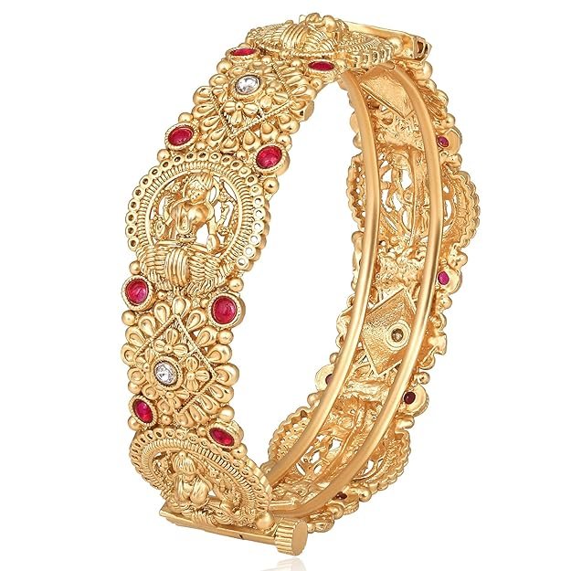 1 Gold Plated Goddess Laxmi Thick Synthetic Stone Studded Single Piece Openable Kada Bangle Antique Jewellery - Image 1