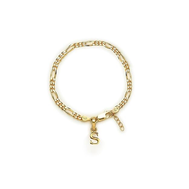 1 22KT gold plated 92.5% pure Sterling Silver Figaro Designer Bracelet with Alphabet Pendant for Girls and Women - Image 1