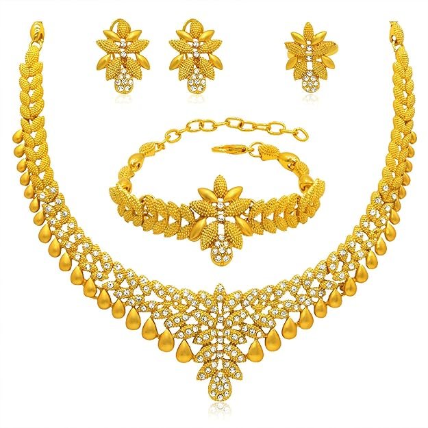 1 24k Gold Plated Choker Jewellery Set - Earrings, Ring & Bracelet Gold Necklace Set - Image 1
